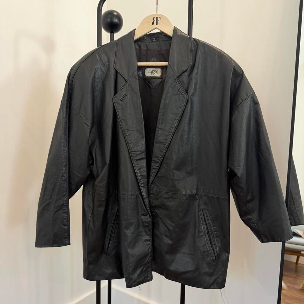 Vintage Style Black Leather Jacket | Made in Korea | Padded Shoulders